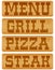 Nameplate of wood with words Menu Grill Steak