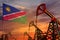 Namibia oil industry concept. Industrial illustration - Namibia flag and oil wells with the red and blue sunset or sunrise sky