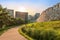 Namsan Park walkway with the stone wall at the sunset