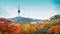 Namsan Seoul Tower with autumn maple trees in Korea