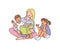 Nanny playing with children sketch cartoon vector illustration isolated.