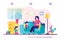 Nanny reading book for little children. Concept of home kindergarten and babysitting. Mother with kids in living room. Woman