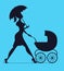 Nanny. Woman walking with a baby carriage. Vector silhouette