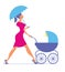 Nanny. Woman walking with a baby carriage. Vector silhouette