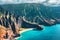 Napali coast on Kauai North shore island, Hawaii. Aerial view of famous landscape with beach, mountains and rugged