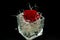 Naples, Italy 21-April -2019. The head of a red rose, wrapped in decorations. The rose is placed in a glass beaker on a black back