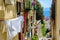 Naples, Italy. View of a glimpse of the Gulf of Naples through the characteristic houses of the Petraio Steps.