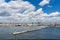 Naples Lighthouse, port and coastline of Naples, view from sea