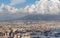 Naples and port of Mediterranean sea and volcano Vesuvius top view. Naples cityscape. Volcano Vesuvius in clouds.