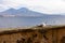 Naples - Seagull on the wall of Castel dell Ovo with panoramic view on mount Vesuvius in Naples, Italy, Europe