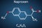 Naproxen C14H14O3 molecule. It is a nonsteroidal anti-inflammatory drug NSAID. Structural chemical formula on the dark blue