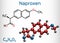 Naproxen C14H14O3 molecule. It is a nonsteroidal anti-inflammatory drug NSAID. Structural chemical formula and molecule model