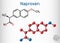 Naproxen C14H14O3 molecule. It is a nonsteroidal anti-inflammatory drug NSAID. Structural chemical formula and molecule model.