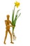 Narcissus with flower and onion is carried by a wooden figure