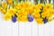 Narcissus flowers and hyacinths over white wooden background