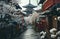 a narrow alley leading to a pagoda with white blossoms on either side