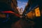 Narrow alley at night, in Uptown Charlotte, North Carolina.