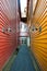 Narrow alley between old houses in the historical town quarter Bryggen in the city of Bergen, Norway on a sunny day