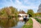 Narrow boat in Grand Union Canal. Cassiobury Park, Watford, London