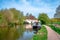 Narrow boat on the river Gade. Cassiobury park, Watford, UK