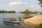 Narrow boats at small Don Det Island jetty beach and entry point,4000 Islands,Champasak Province of southern Laos