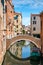 Narrow canal with a small bridge in the romantic city of Venice