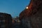 Narrow cobblestone path with an old fashioned lantern inside Kalemegdan fortress at blue hour, Belgrade