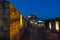 Narrow cobblestone path with an old fashioned lanterns inside Kalemegdan fortress at blue hour, Belgrade