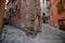 Narrow cobblestone streets in the downtown of Rovinj, Istria, Croatia