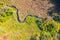 Narrow creek meanders in autumnal landscape from above