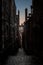 Narrow European alley, surrounded by bricks and cobblestone. Illuminated only with weak light from sunrise. Concept of