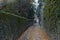 Narrow foggy street among old ruins with autumn leaves on a road in Bergamo town, Italy