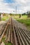 Narrow gauge railway or railroad track converging into distance