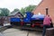 Narrow gauge railway train being pushed on turntable