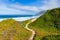 A narrow hiking trail curves through the landscape above the Pacific Ocean along the California coast