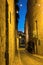 Narrow historic streets of Birgu, or Vittoriosa, one of the Three Cities in Grand Valetta Bay in Malta