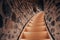 Narrow illuminated staircase ascending in a stone tower