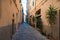 Narrow Italian street with cobble stone path and plants in flowerpots