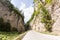 Narrow motor road along a mountain river in the gorge of the Rhodope Mountains