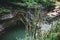 Narrow mountain river gorge among relict green boxwood trees