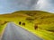 Narrow mountain road ascends lonely. Horses graze on green pastures. French Pyrenees, Camino de Santiago