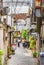 Narrow path adorned with flowers in the Honda yokocho alley of Kagurazaka.