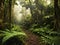 Narrow path through empty rainforest jungle, generative ai