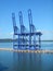 Narrow pier with three cargo cranes waiting for operation