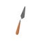 Narrow pointing trowel from stainless steel with wooden handle used in archaeological excavation. Working tool symbol