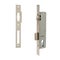Narrow-profile satin-colored mortise lock with a rectangular bolt with a latching mechanism and a strike plate