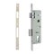 Narrow-profile satin-colored mortise lock with a rectangular bolt with a locking mechanism and a strike plate