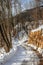 Narrow snowy footpath through a village leading to the mountains