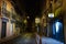 A narrow stone street empty of people and an ATM teller machine signboard iluminated at night in Lisbon, Portugal