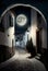 Narrow street of an ancient mediterranean city at full moon. AI generated